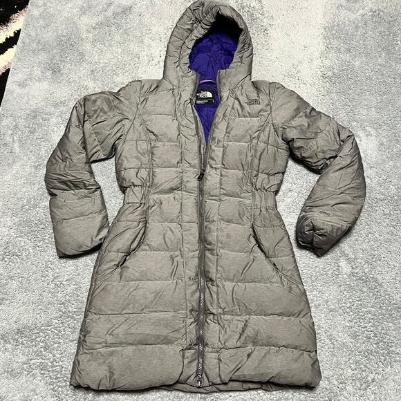 The North Face Coat Womens Small 550 Down Long Hooded Gray Puffer Jacket ** - Picture 1 of 11